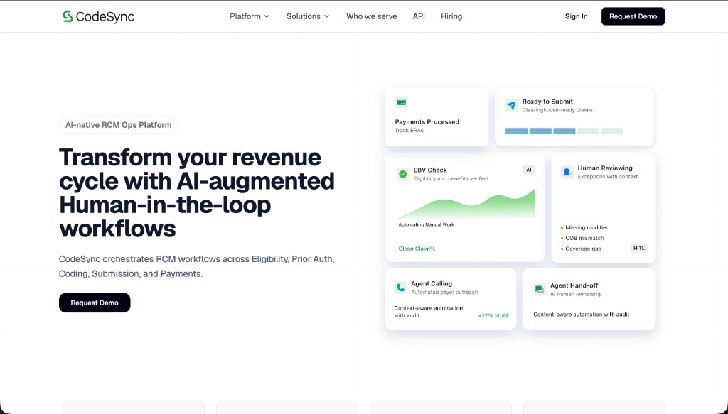 CodeSync marketing homepage: AI-native RCM ops platform for eligibility, prior auth, coding, submission, and payments.